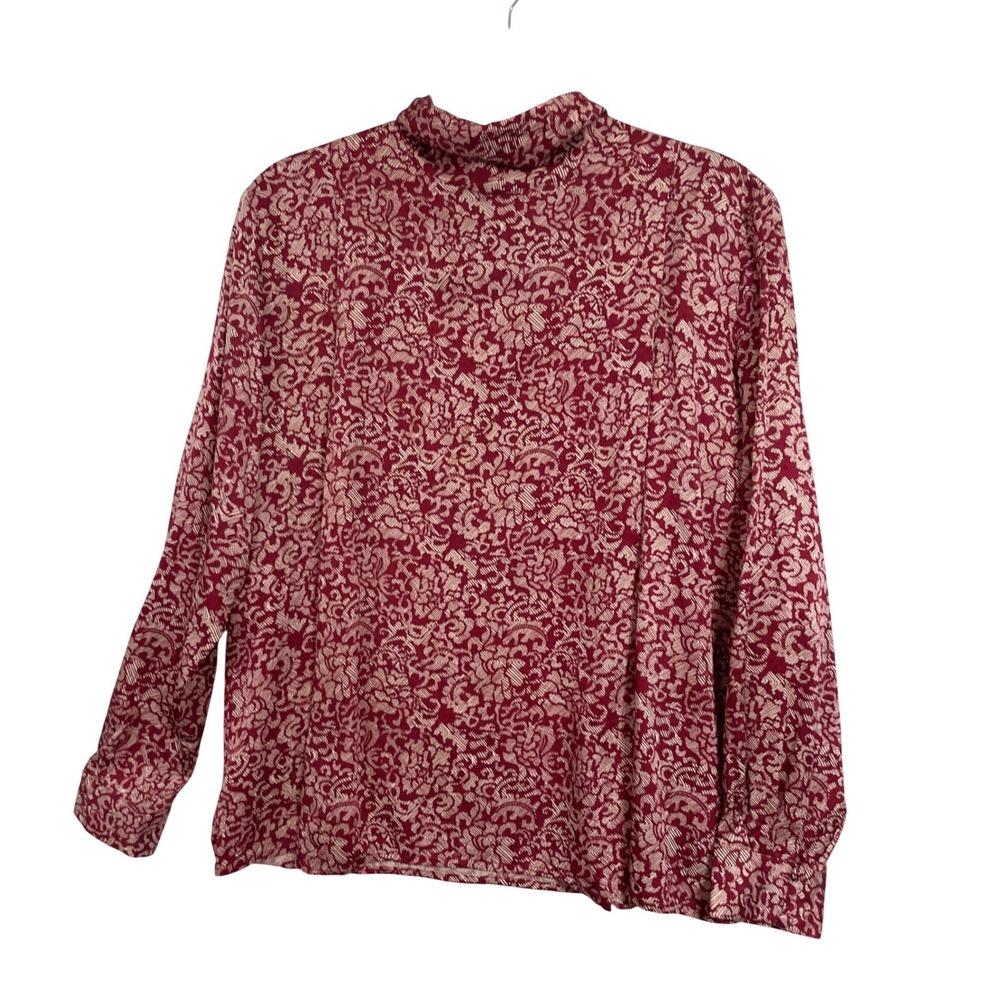 Bugardi Silk Blouse Womens 12 Burgundy Red Floral‎ Damask Mock Neck Vintage Top